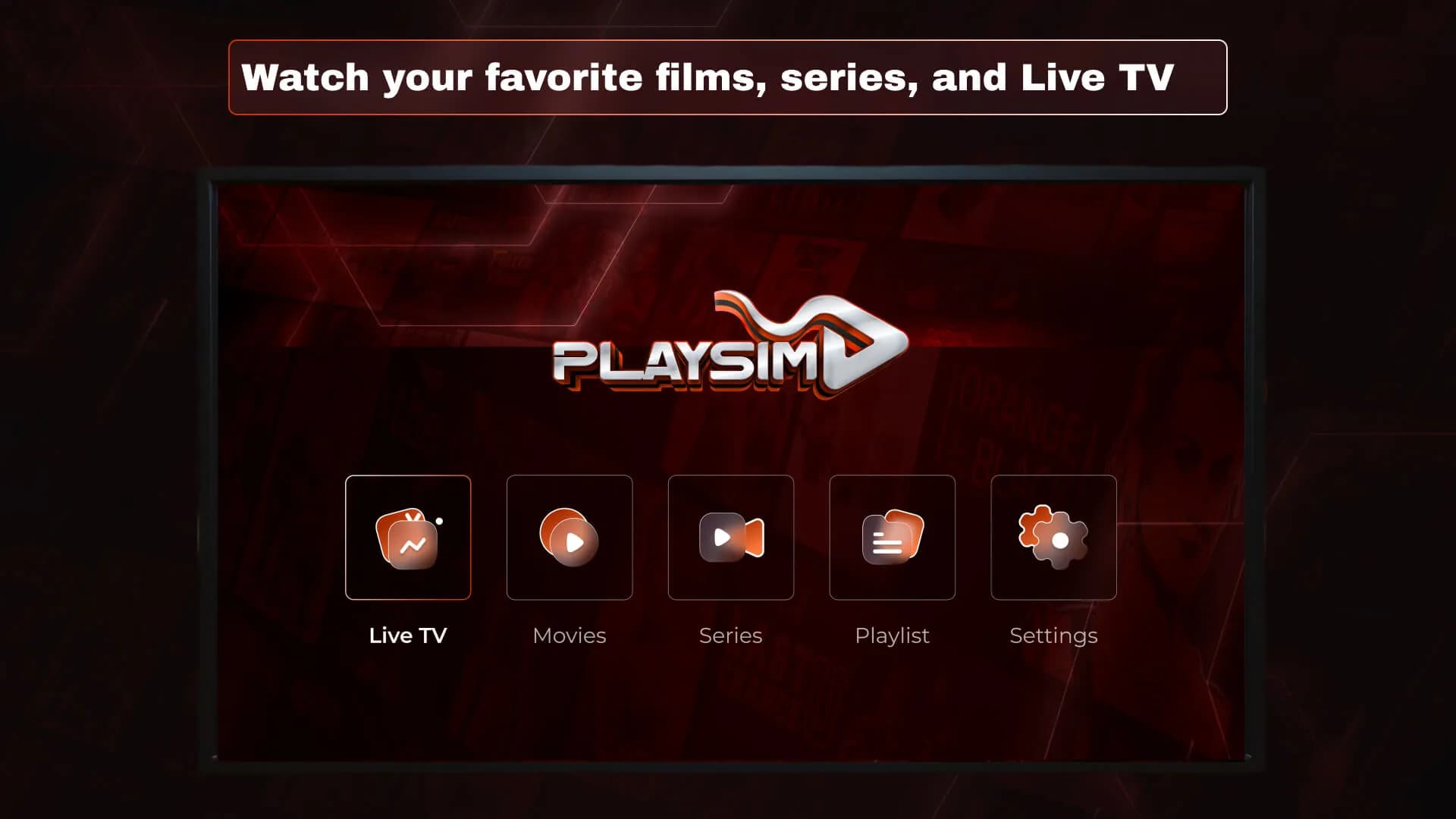 Tela do Playsim em Smart TV Samsung após login com código do provedor — menu Live TV, Movies, Series, Playlist e Settings