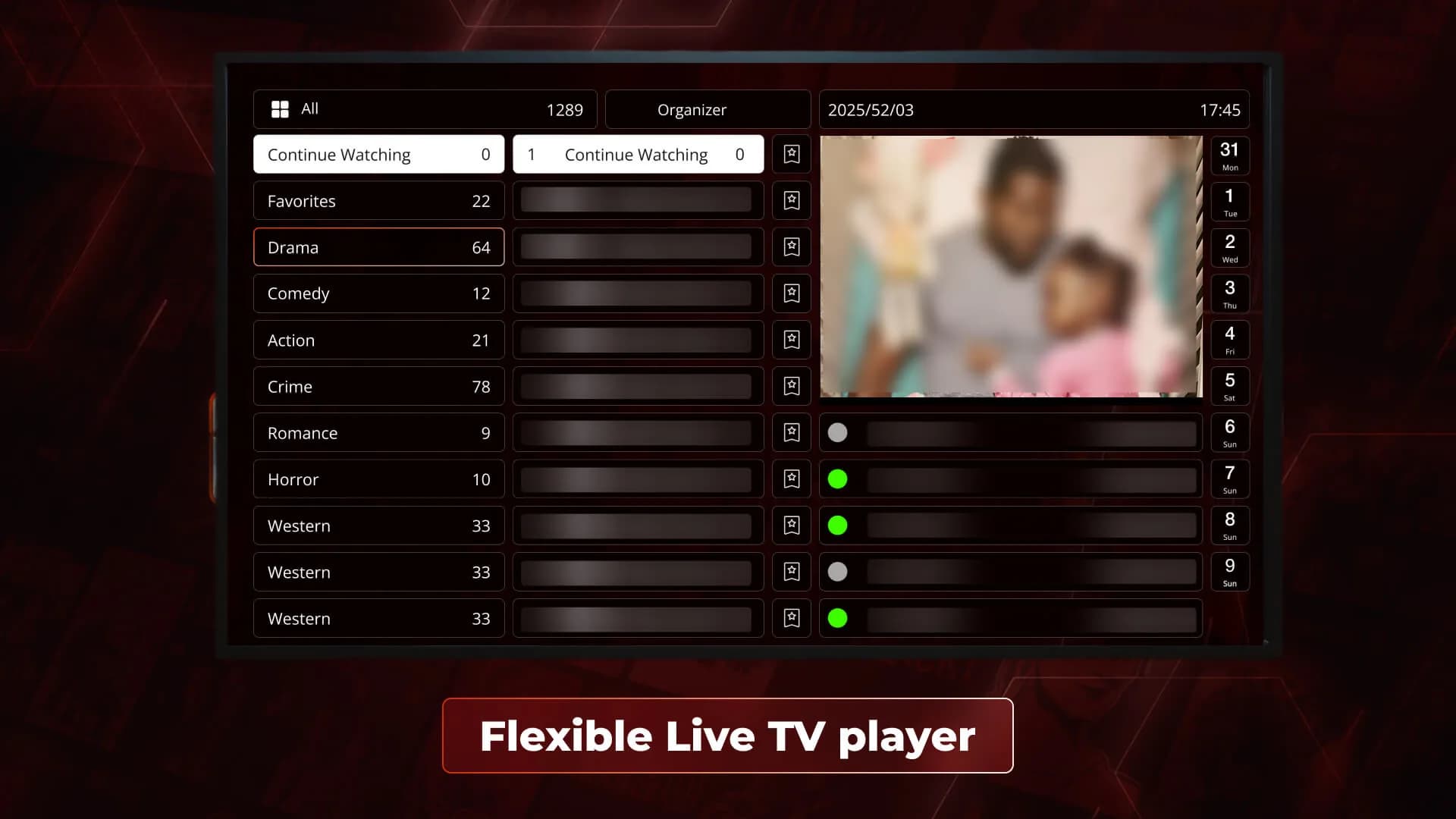 Playsim com lista IPTV ativa em Smart TV Samsung Tizen — categorias de canais, EPG e player ao vivo funcionando